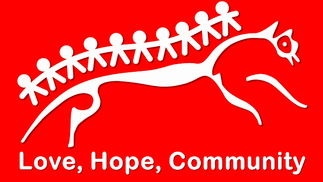 white horse logo with values Love, Hope, Community
